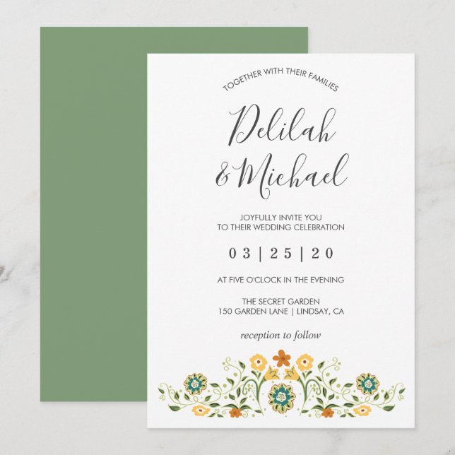 Invitation Mariage floral vert moderne (Devant / Derrière)