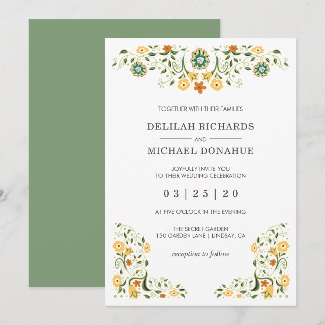 Invitation Mariage floral vert moderne (Devant / Derrière)