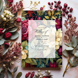 Invitation Mariage floral vert olive, bordeaux et or