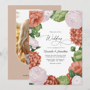 Invitation Mariage Floral Vert Olive et Pêche Clair Terracott