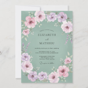 Invitation Mariage Floral Vert Pâle Lavande