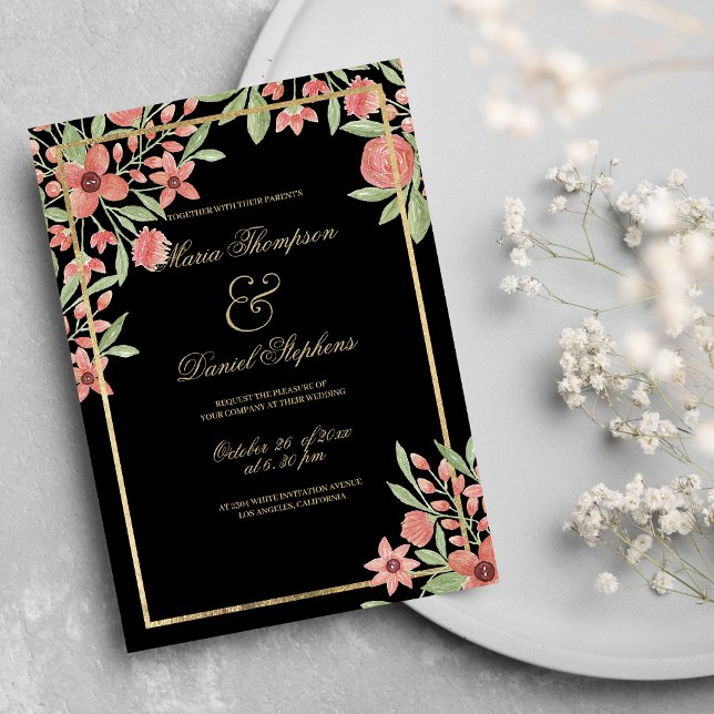 Invitation Mariage Floral Vert Rose Pocal Noir Pays Chic (Country Chic Black Gold Pink Green Floral Wedding )