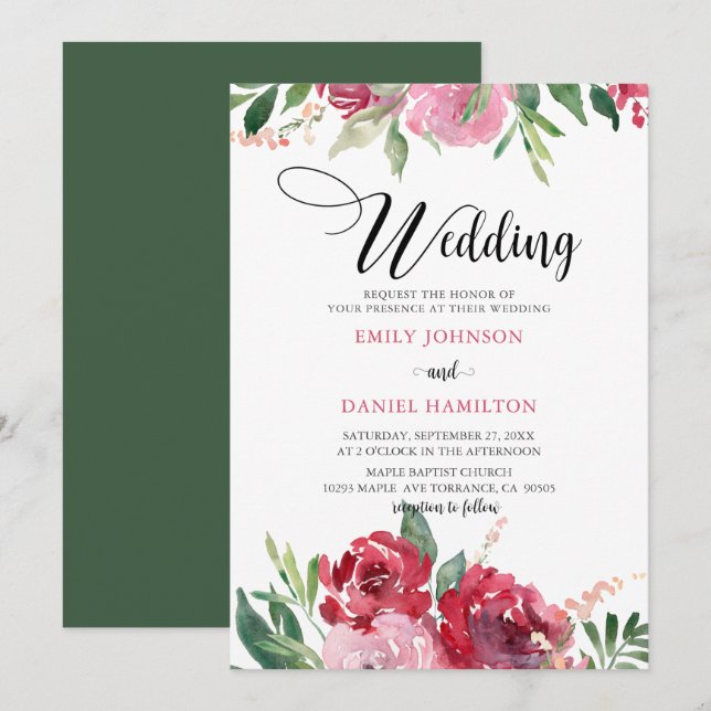 Invitation Mariage floral vert rose rouge Aquarelle (Devant / Derrière)
