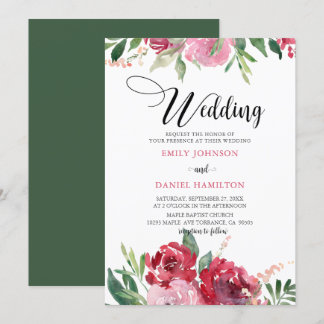 Invitation Mariage floral vert rose rouge Aquarelle