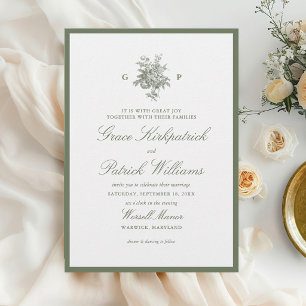 Invitation Mariage Floral Vert Sauge Classique Monogramme