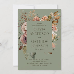Invitation Mariage floral vert sauge Jardin botanique + QR