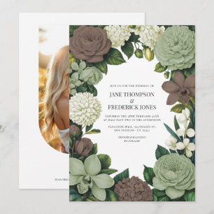 Invitation Mariage floral vert sauge, taupe et ivoire