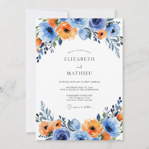 Invitation Mariage Floral Vibrant Bleu Orange