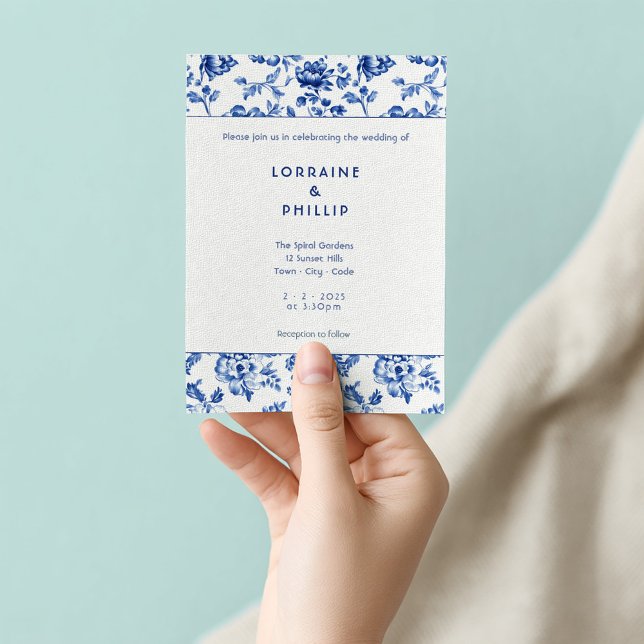Invitation mariage Floral vintage (Blue and white delftware wedding invitation)