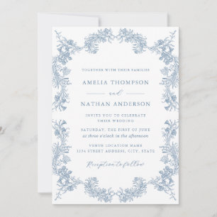 Invitation Mariage Floral Vintage Bleu Poussiéreux Élégant