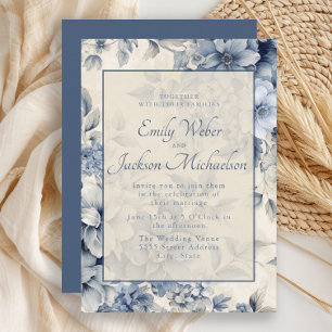 Invitation Mariage Floral Vintage Crème Bleu Romantique