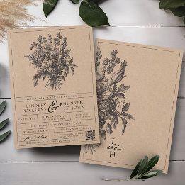 Invitation Mariage Floral Vintage Kraft Noir Classique