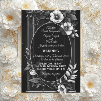 Invitation Mariage Floral Vintage Noir Art Monochrome Luxe