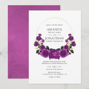 Invitation Mariage floral vintage or et pourpre