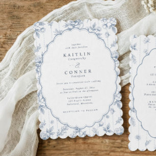 Invitation Mariage Floral Vintage Ovale Bleu Poussiéreux Fran