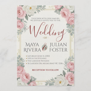 Invitation Mariage Floral Vintage Rose Blanc et Rose Fardé