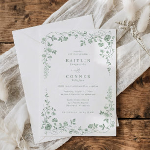Invitation Mariage Floral Vintage Vert Sauge Français