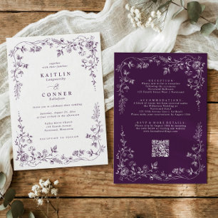 Invitation Mariage Floral Vintage Violet Foncé Français