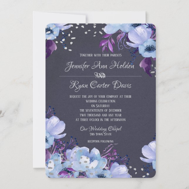 Invitation Mariage floral violet bleu (Devant)