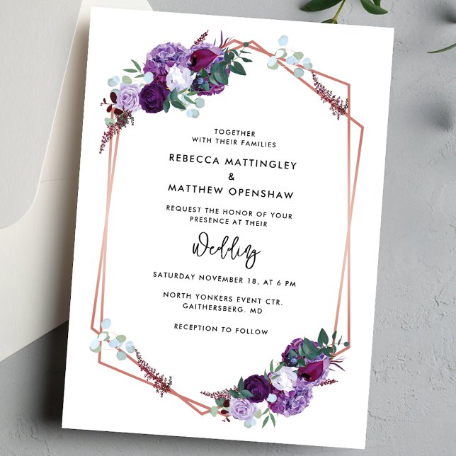 Invitation Mariage Floral Violet Botanique Script (Purple Floral Geometric Script Wedding Invitation)