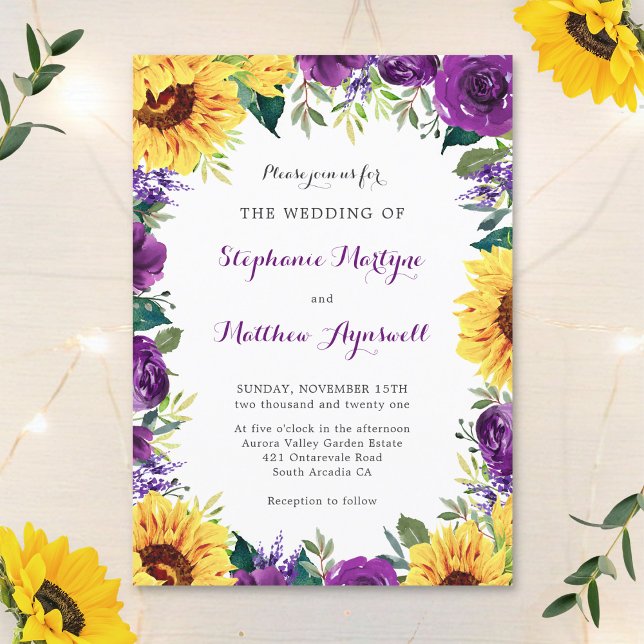 Invitation Mariage floral violet de tournesol rustique (Créateur téléchargé)