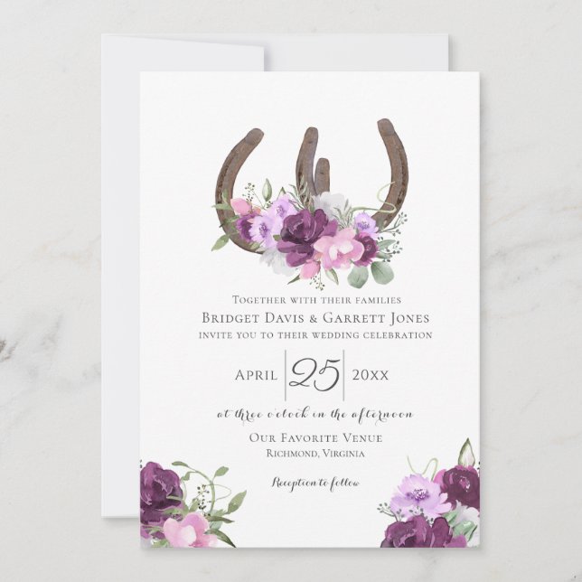 Invitation Mariage floral violet en fer à cheval (Devant)