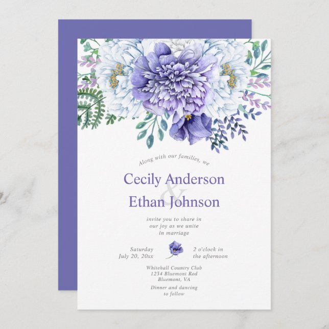 Invitation Mariage floral violet et blanc (Devant / Derrière)
