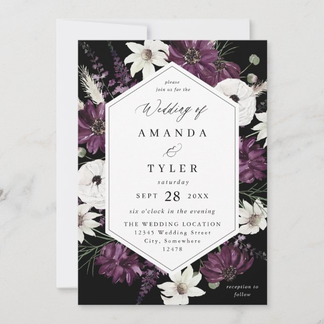 Invitation Mariage floral violet et blanc - Noir V2 (Devant)