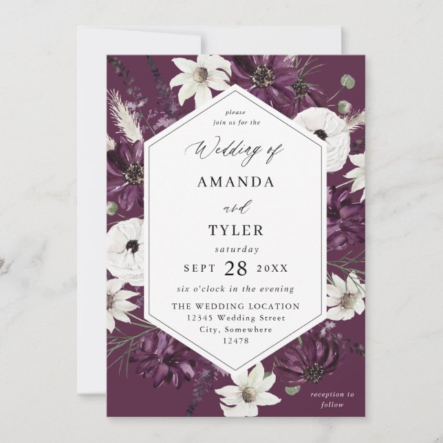 Invitation Mariage floral violet et blanc - violet (Devant)