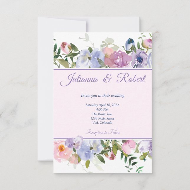 Invitation Mariage floral violet et bleu (Devant)