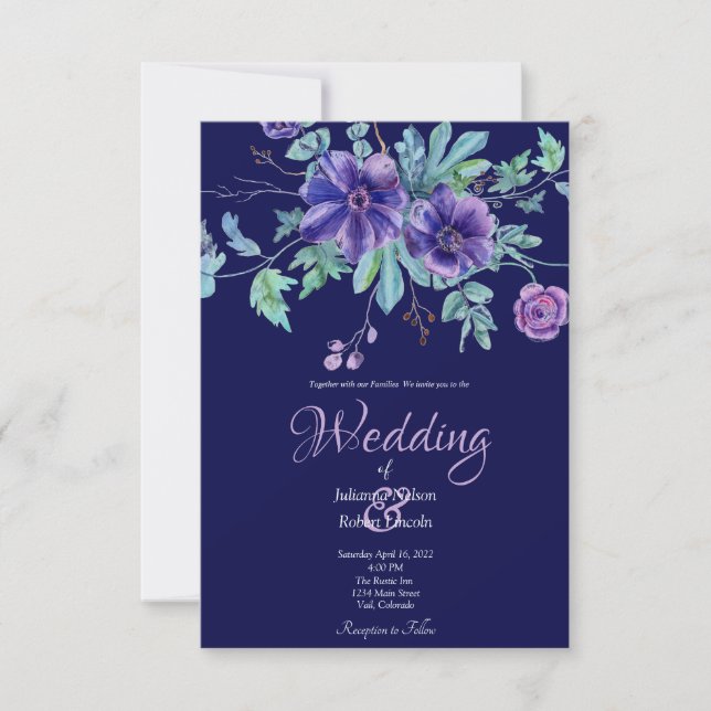 Invitation Mariage floral violet et bleu d'aquarelle invitati (Devant)