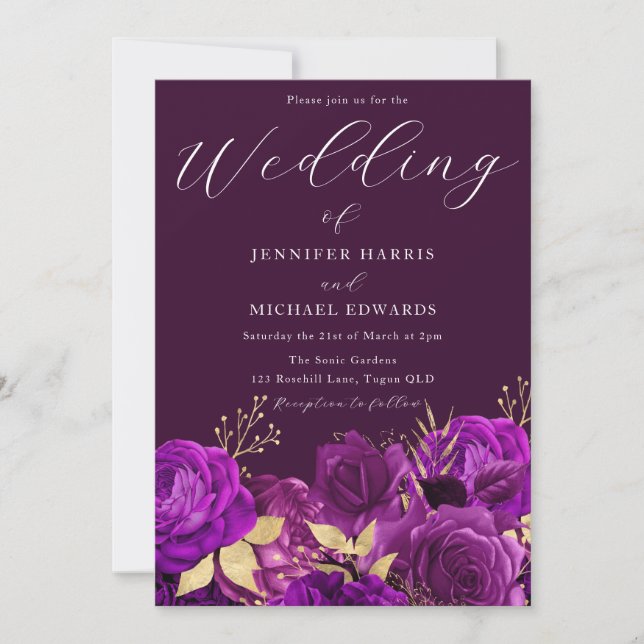 Invitation Mariage floral violet et or (Devant)