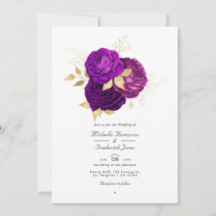 Invitation Mariage Floral Violet et Or QR Code Rsvp