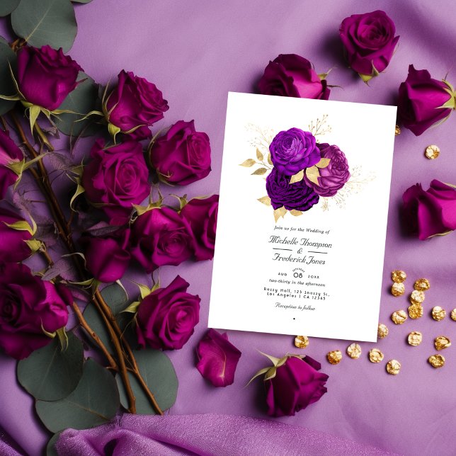 Invitation Mariage Floral Violet et Or QR Code Rsvp (Créateur téléchargé)