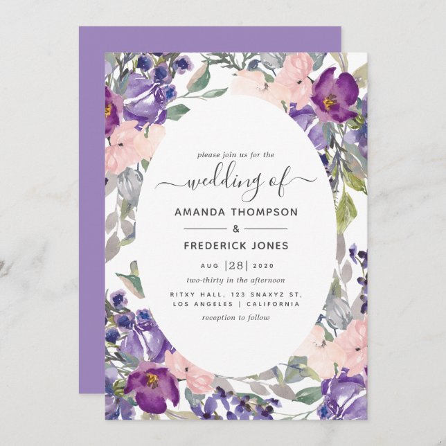 Invitation Mariage floral violet et prune (Devant / Derrière)