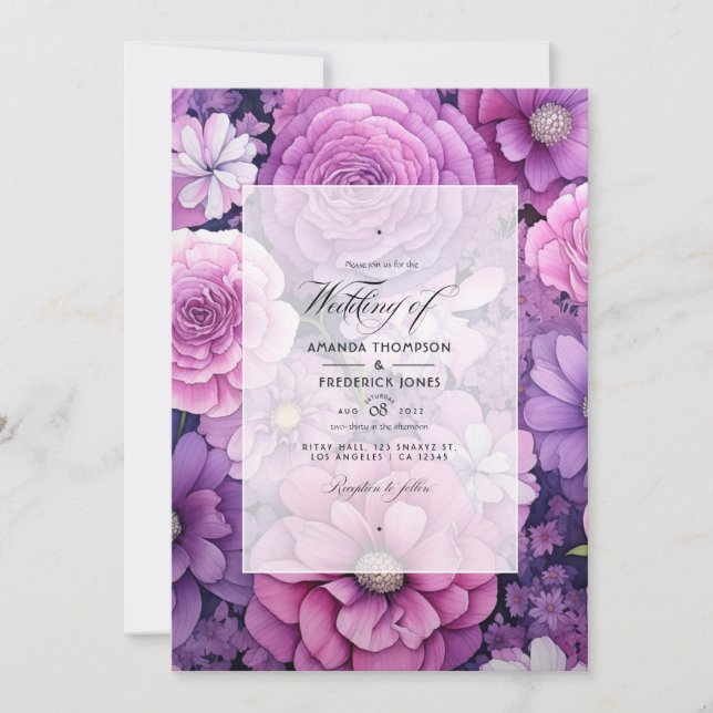 Invitation Mariage floral violet et rose (Devant)