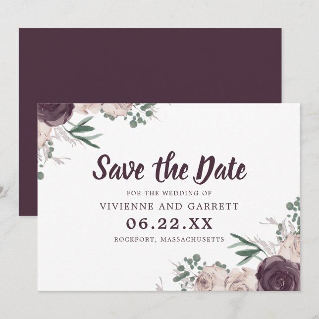 Invitation Mariage floral violet et rose Enregistrer la date (Devant / Derrière)