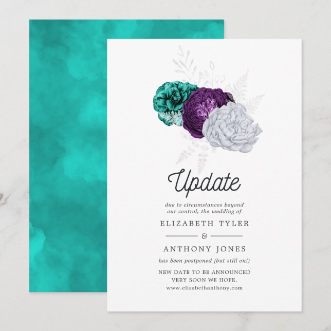 Invitation Mariage floral violet et turquoise rustique (Devant / Derrière)