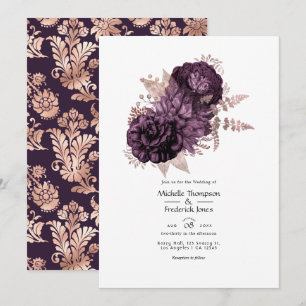 Invitation Mariage floral violet foncé et or rose