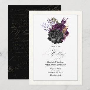 Invitation Mariage Floral Violet, Or et Noir Humeur