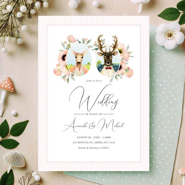 Invitation Mariage floral Whimsical Deer Couple (Whimsical Deer Couple Floral Wedding Invitation)