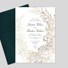 Invitation Mariage Floral Wreath White Black Emerald Gold