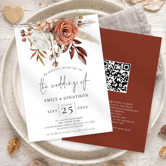 Invitation Mariage Florales Terracotta Rustique Code QR (Front and back view)