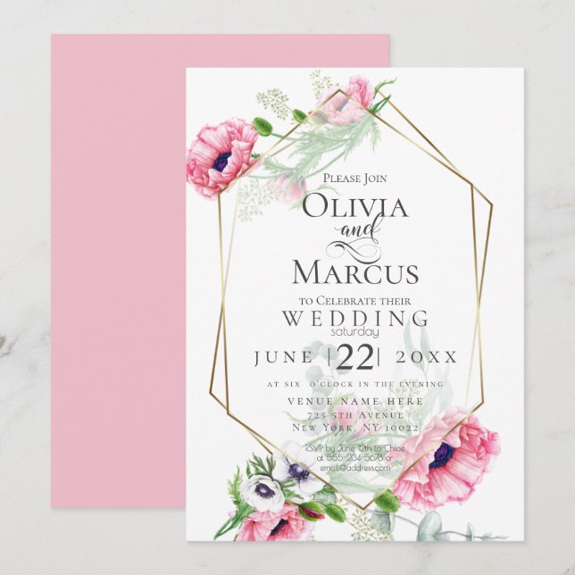 Invitation MARIAGE | Flore de pavot rose printanier (Devant / Derrière)