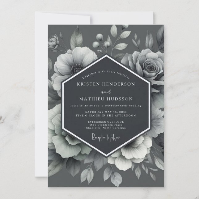 Invitation Mariage Flore Gravée Graphite (Devant)