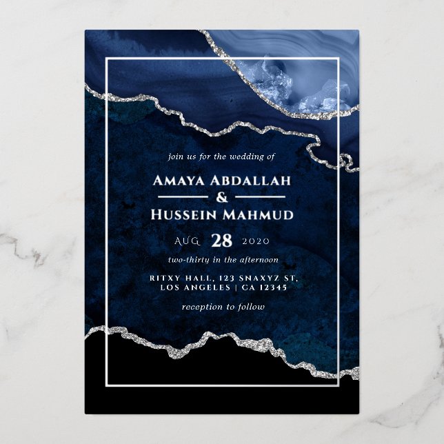 Invitation Mariage Foil  de la Marine Blue and Sil (Recto)