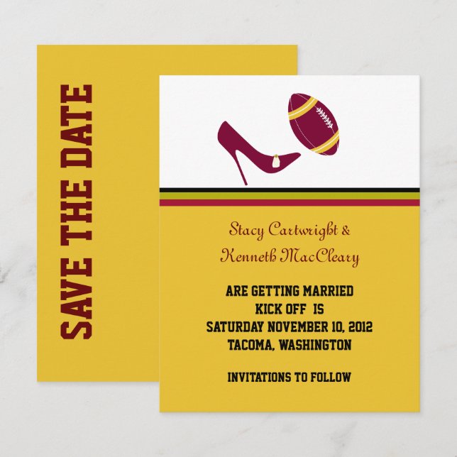 Invitation Mariage Football Rouge-Bourgogne & Jaune Save The  (Devant / Derrière)
