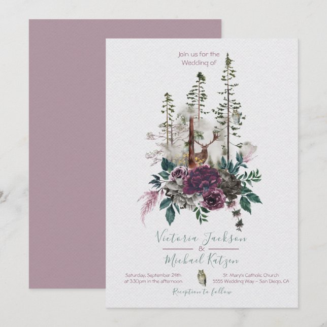 Invitation Mariage forestier de l'aquarelle de la Chouette de (Devant / Derrière)