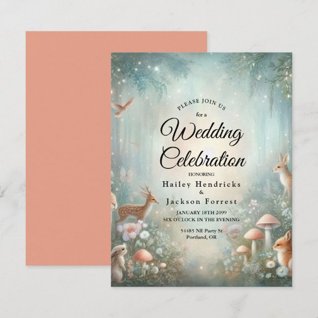 Invitation Mariage forestier turquoise et de pêche enchantée (Devant / Derrière)
