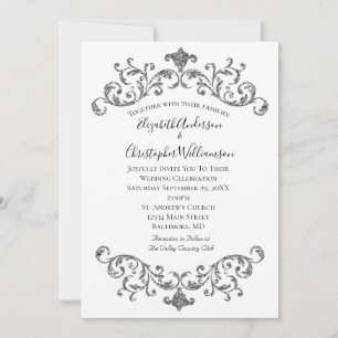 Invitation Mariage Formel Argent Noir Blanc Orné de Floraison